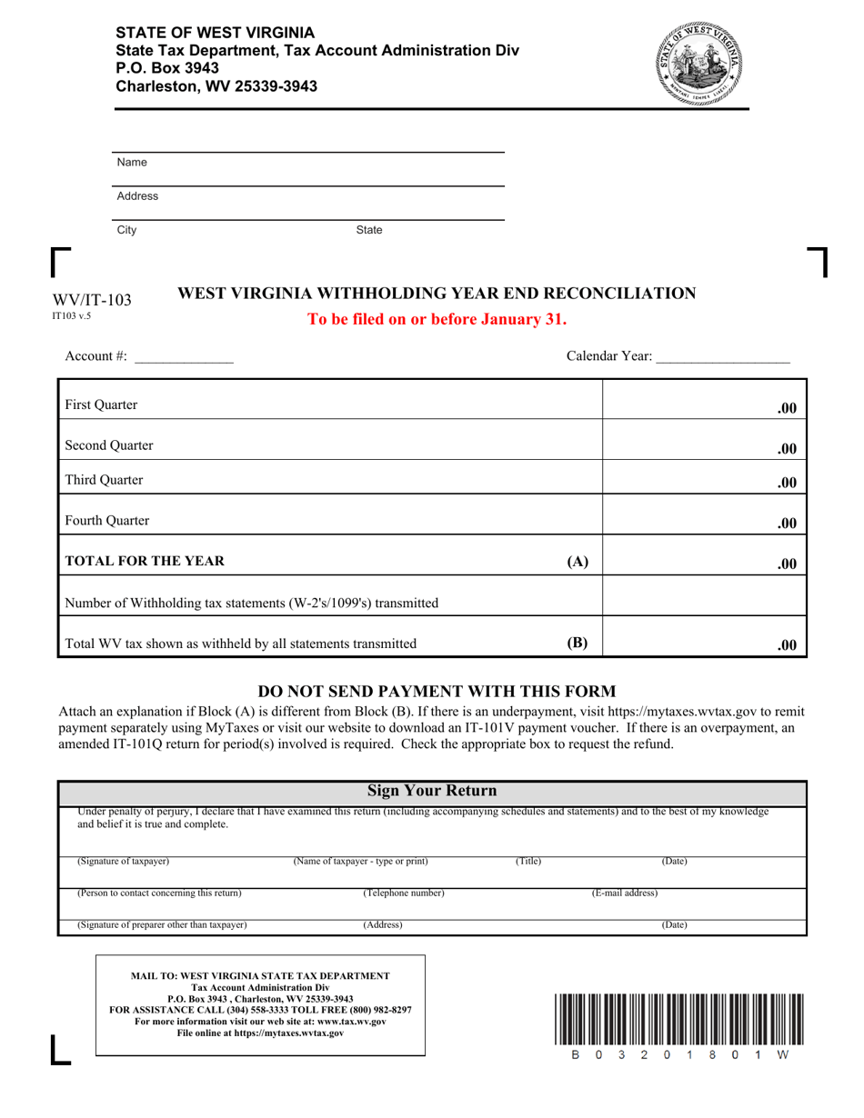 Form WV / IT-103 West Virginia Withholding Year End Reconciliation - West Virginia, Page 1