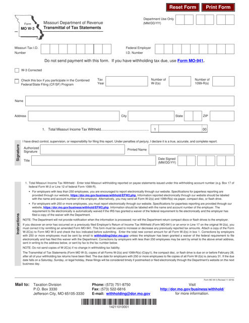 Form MO W-3 Transmittal of Tax Statements - Missouri