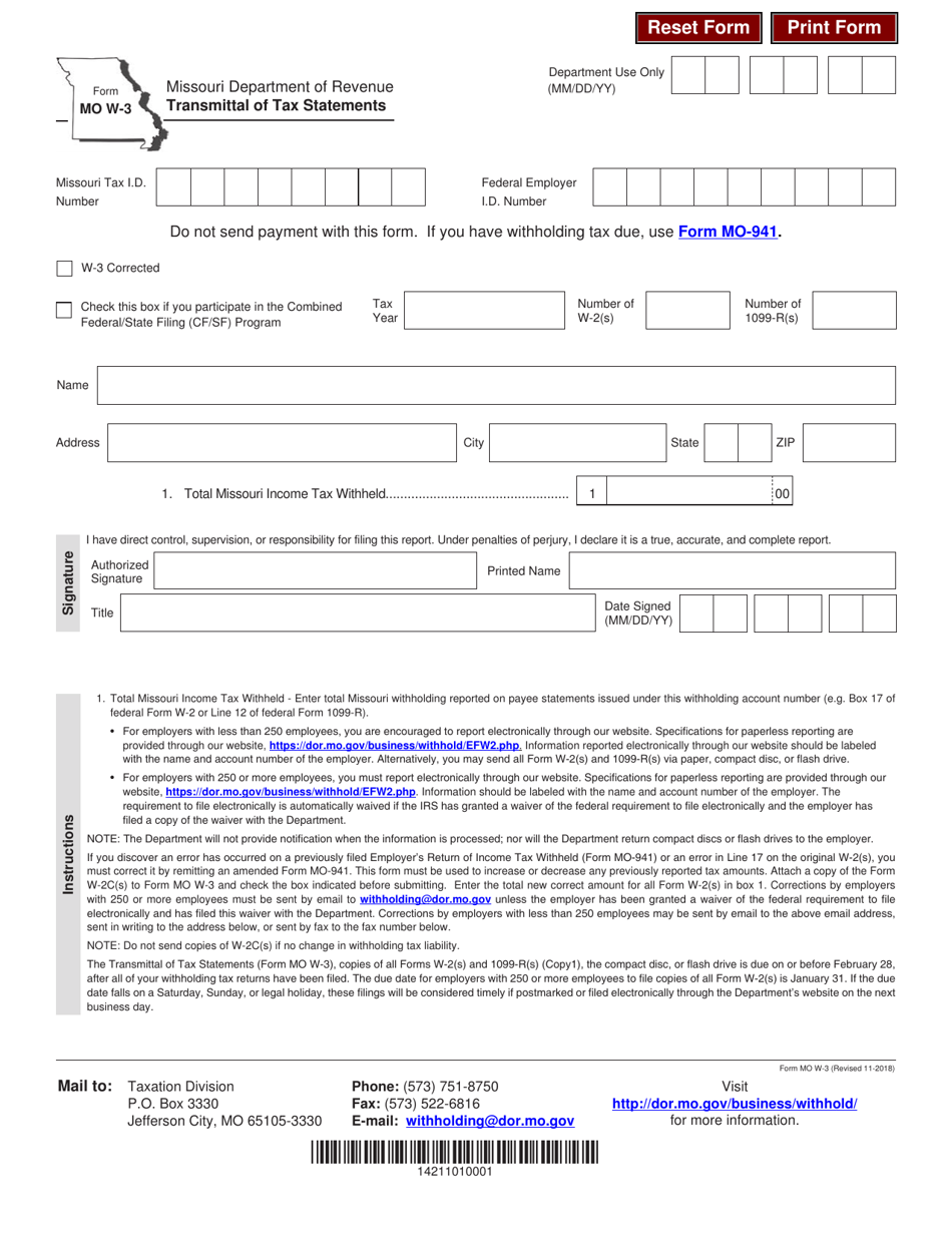 Form MO W-3 Transmittal of Tax Statements - Missouri, Page 1