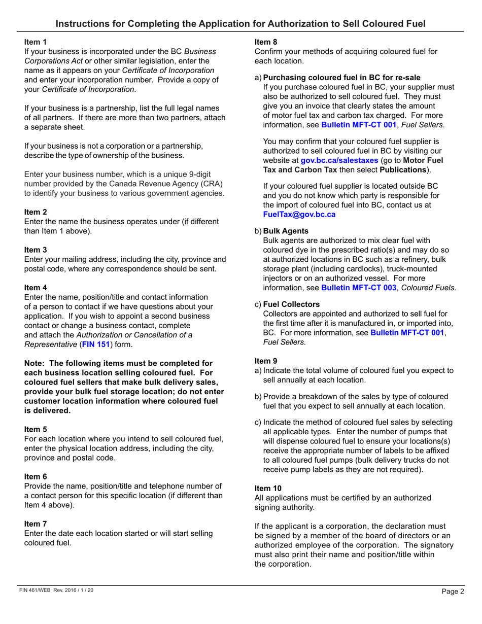 Form FIN461 Application for Authorization to Sell Coloured Fuel - British Columbia, Canada, Page 2