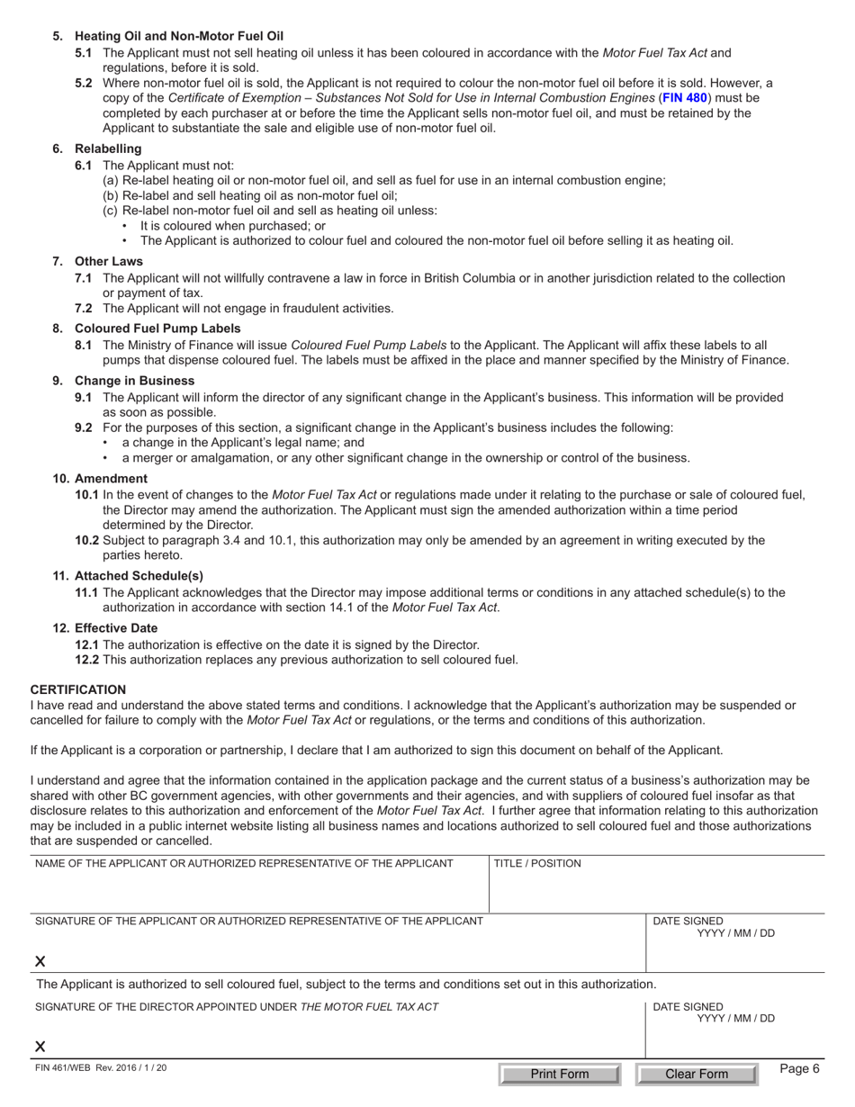 Form FIN461 Application for Authorization to Sell Coloured Fuel - British Columbia, Canada, Page 6