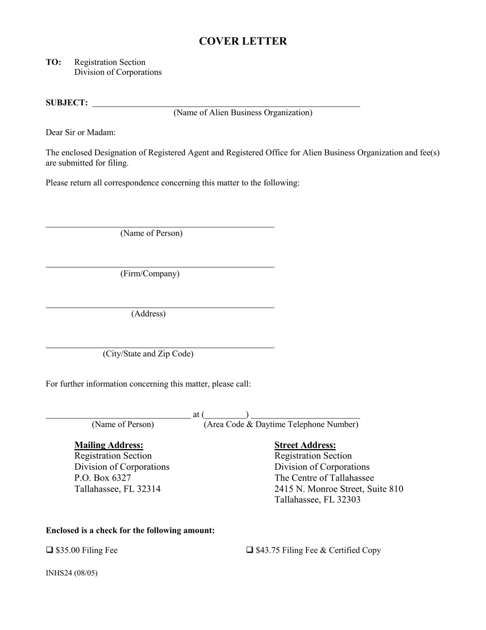 Form INHS24 Designation of Registered Agent and Registered Office for Alien Business Organization - Florida, Page 1