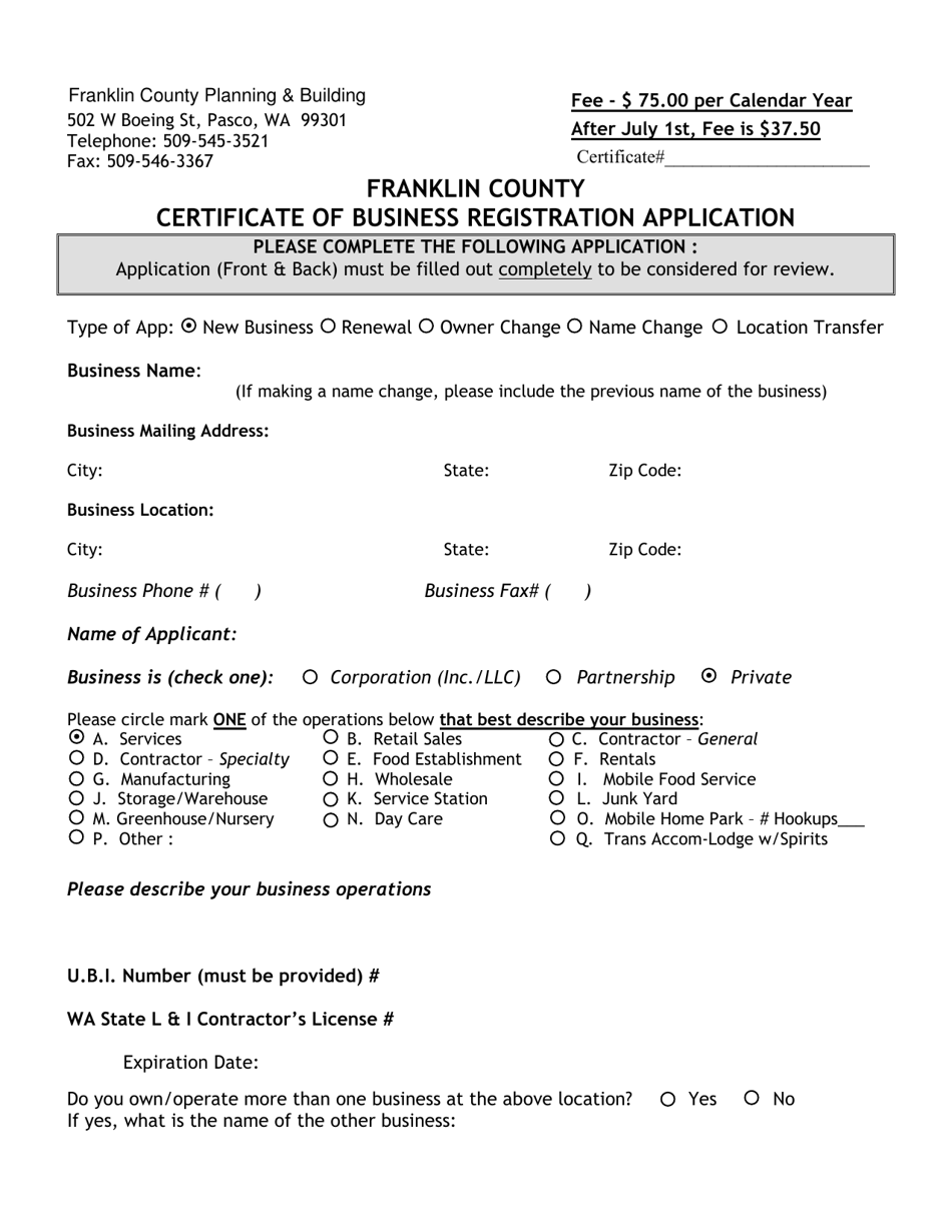 Certificate of Business Registration Application - Franklin County, Washington, Page 1