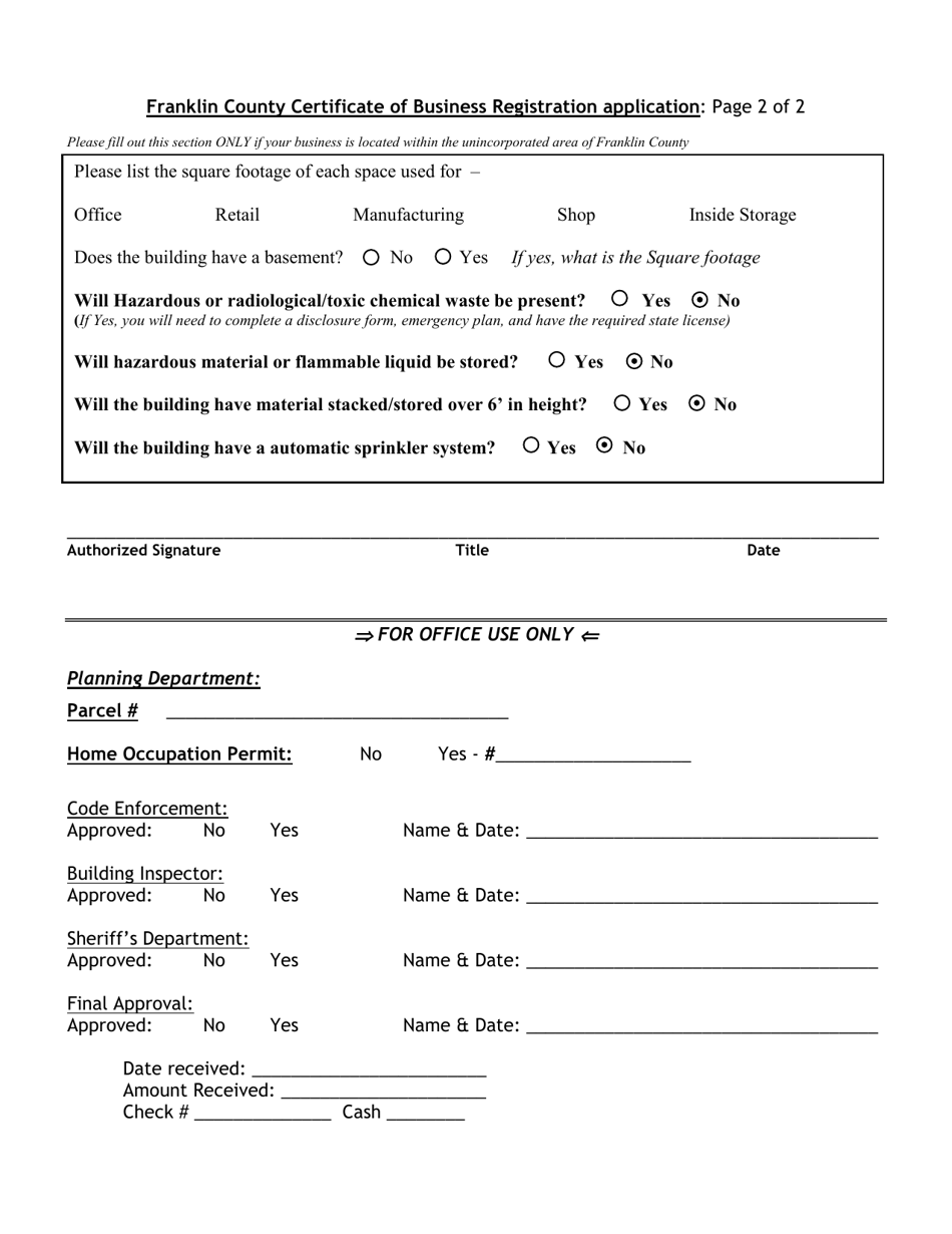 Franklin County, Washington Certificate of Business Registration