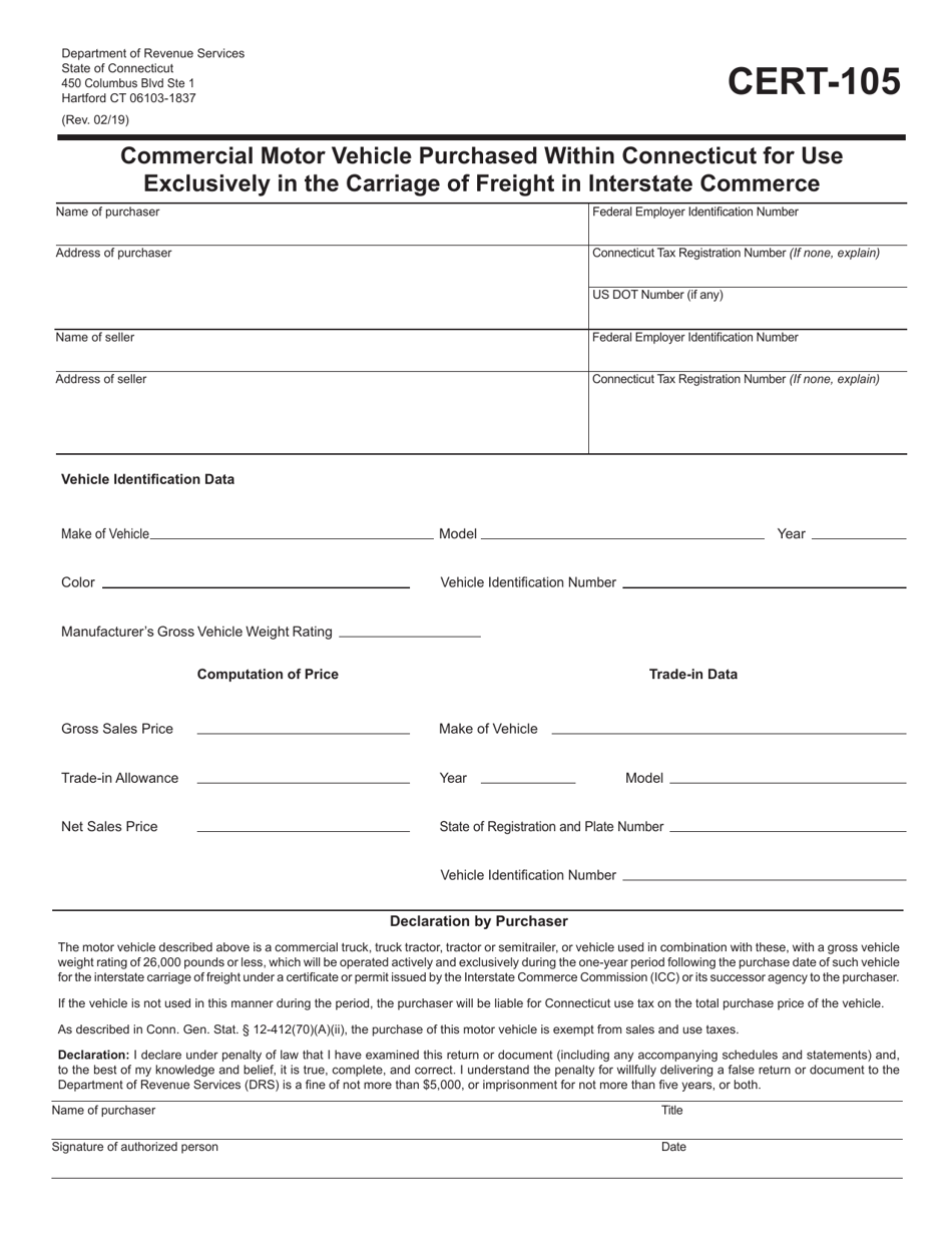 Form CERT-105 Commercial Motor Vehicle Purchased Within Connecticut for Use Exclusively in the Carriage of Freight in Interstate Commerce - Connecticut, Page 1