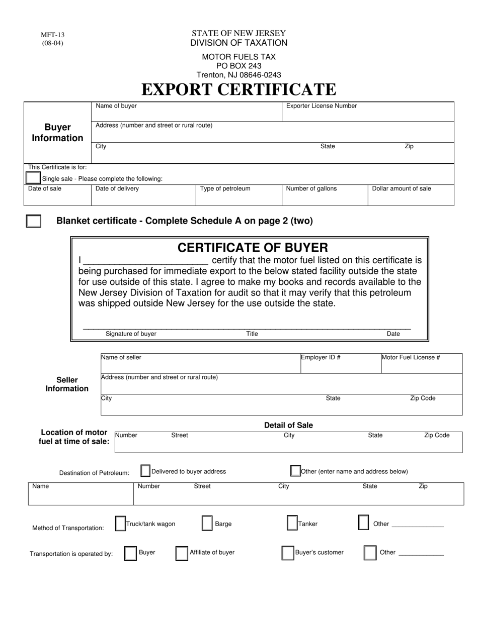 Form MFT-13 Export Certificate - New Jersey, Page 1