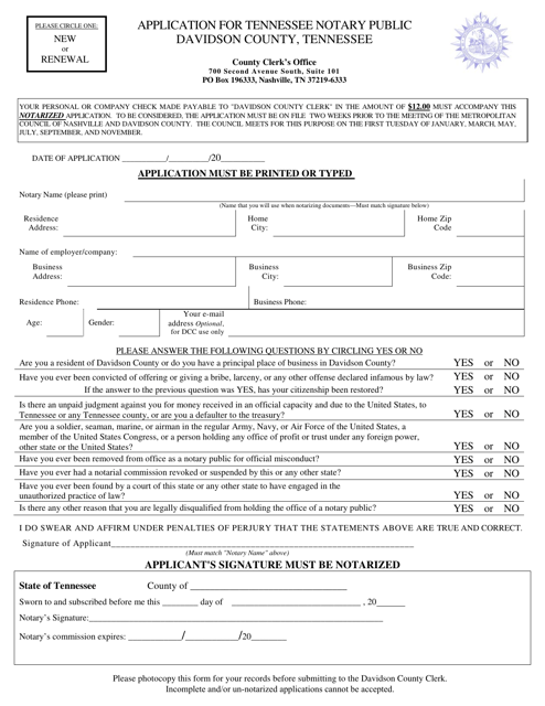Application for Tennessee Notary Public - Davidson County, Tennessee Download Pdf