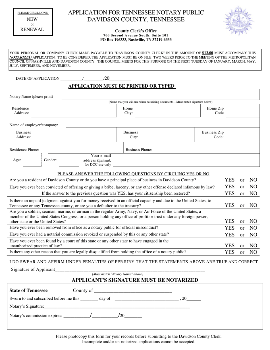 Application for Tennessee Notary Public - Davidson County, Tennessee, Page 1