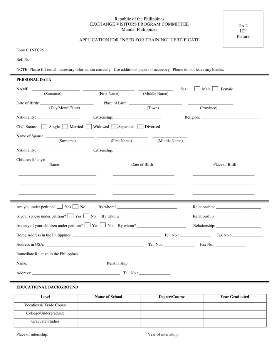 Form 0 1NTC95 Application for need for Training Certificate - Philippines, Page 1