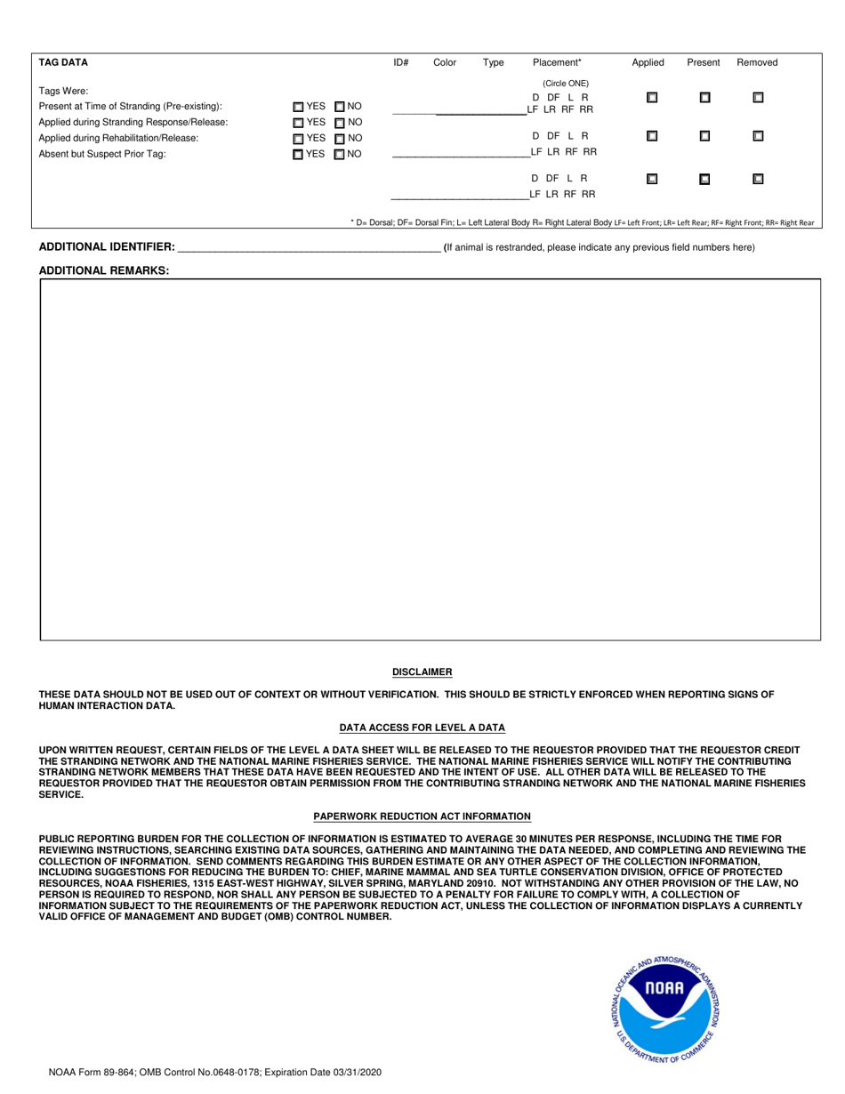 NOAA Form 89-864 Marine Mammal Stranding Report - Level a Data, Page 2