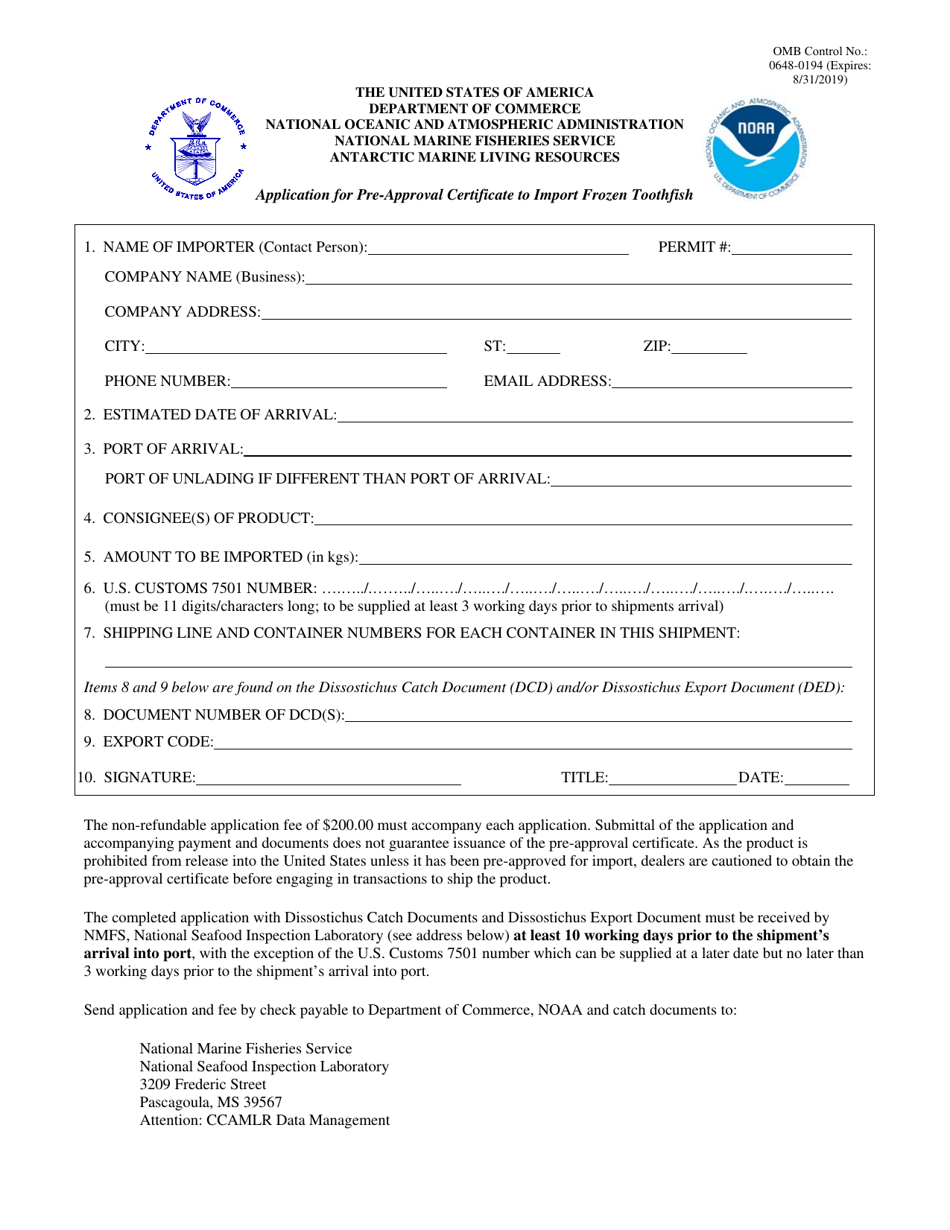 Application for Pre-approval Certificate to Import Frozen Toothfish, Page 1