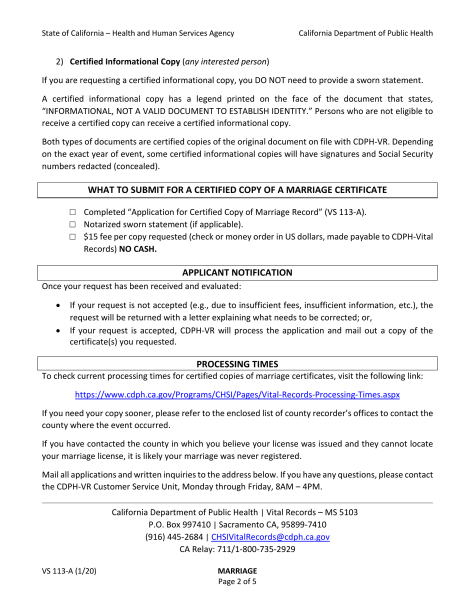 Form VS113-A Application for Certified Copy of Marriage Record - California, Page 2