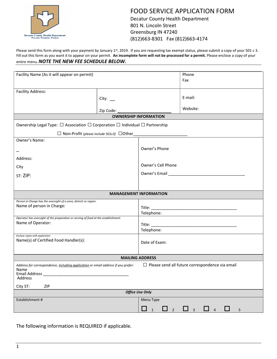 Food Service Application Form - Decatur County, Indiana, Page 1
