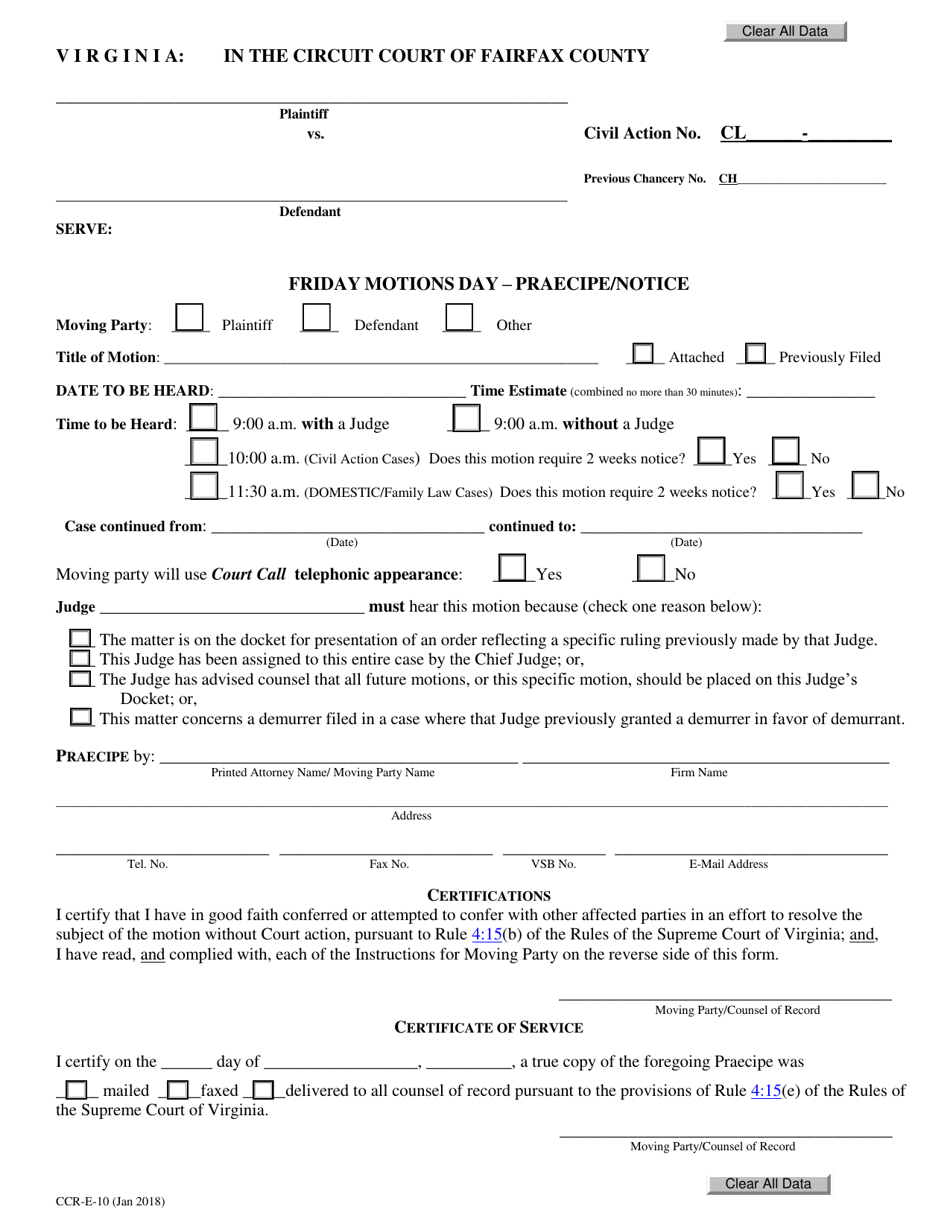 Form CCR-E-10 Friday Civil Motions Day - Praecipe / Notice - County of Fairfax, Virginia, Page 1