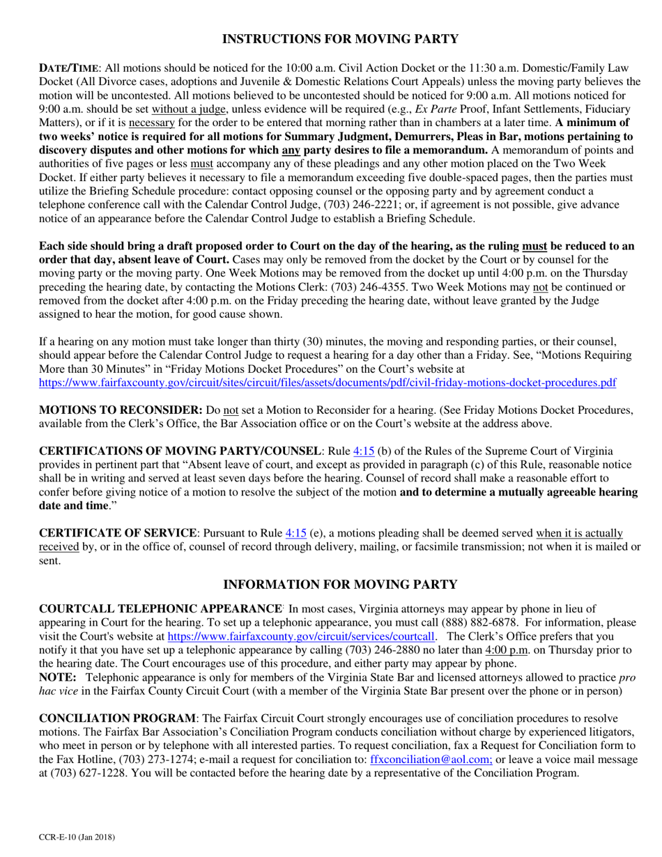 Form CCR-E-10 Friday Civil Motions Day - Praecipe / Notice - County of Fairfax, Virginia, Page 2