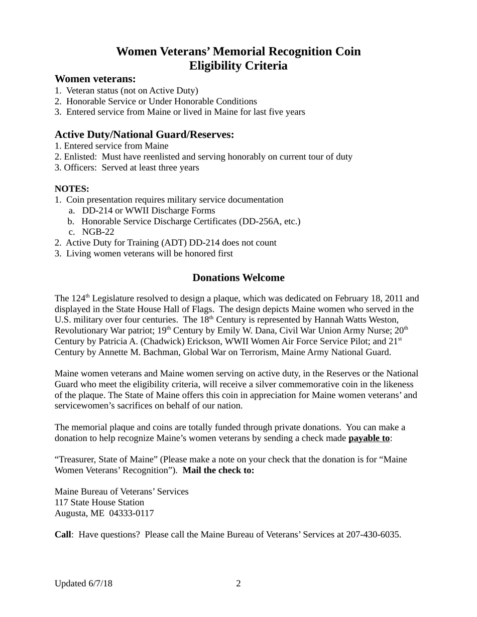 Women Veterans Silver Commemorative Coin Request Form - Maine, Page 2