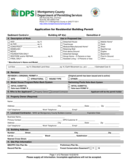 Application for Residential Building Permit - Montgomery County, Maryland Download Pdf