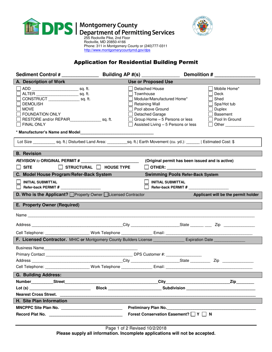 Montgomery County, Maryland Application for Residential Building Permit