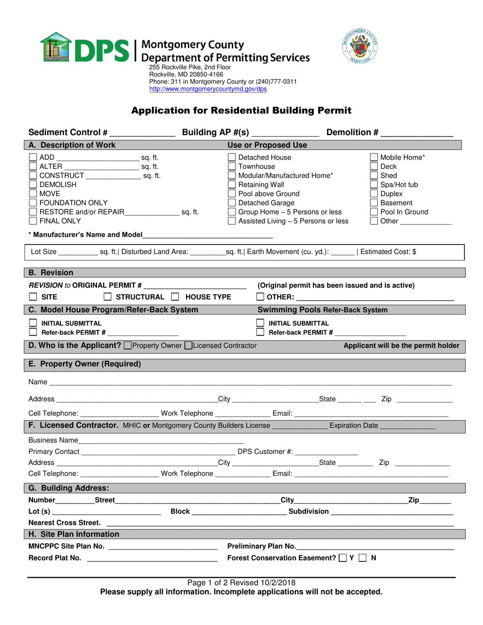 Application for Residential Building Permit - Montgomery County, Maryland, Page 1