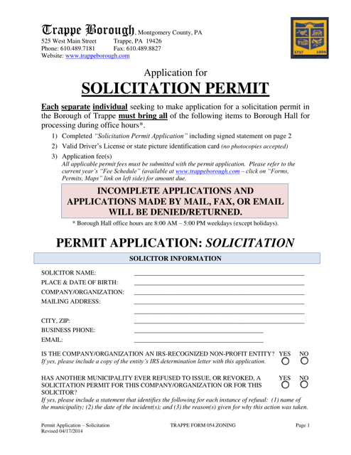 Application for Solicitation Permit - Borough of Trappe, Pennsylvania Download Pdf