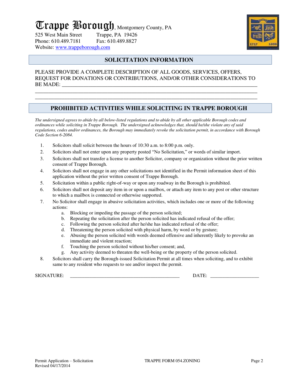 Application for Solicitation Permit - Borough of Trappe, Pennsylvania, Page 2