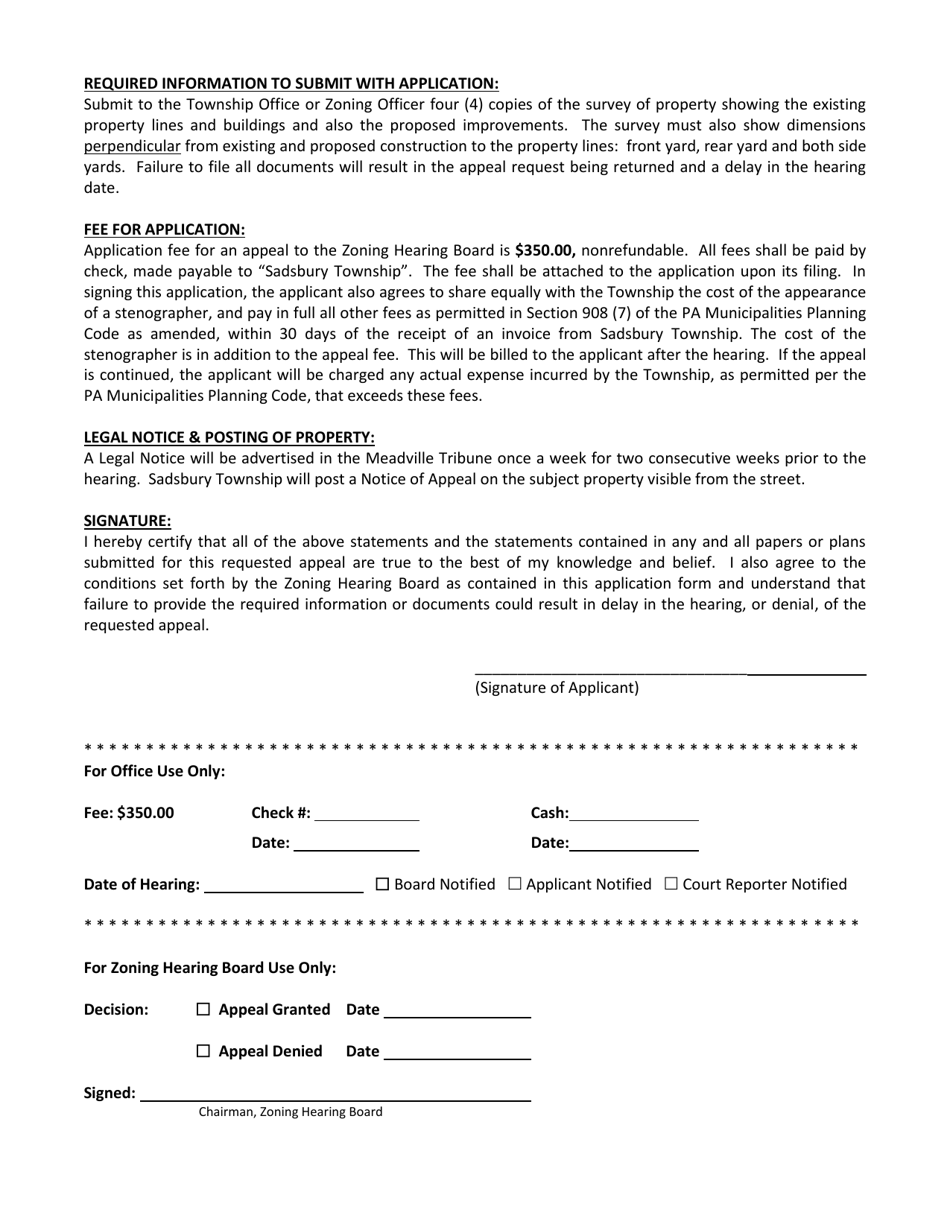 Application for Zoning Hearing Board Appeal - Sadsbury Township, Pennsylvania, Page 2