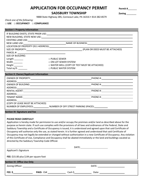 Application for Occupancy Permit - Sadsbury Township, Pennsylvania Download Pdf