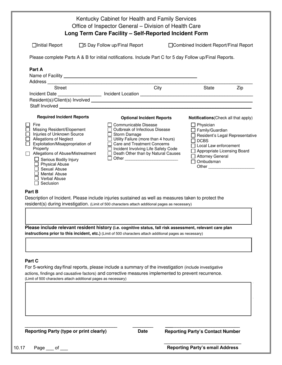 Long Term Care Facility - Self-reported Incident Form - Kentucky, Page 1