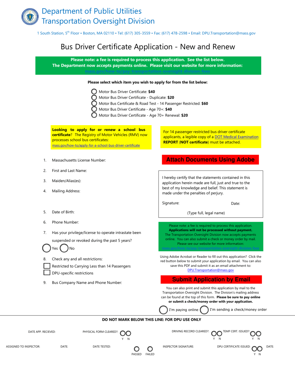 Bus Driver Certificate Application - New and Renew - Massachusetts, Page 1