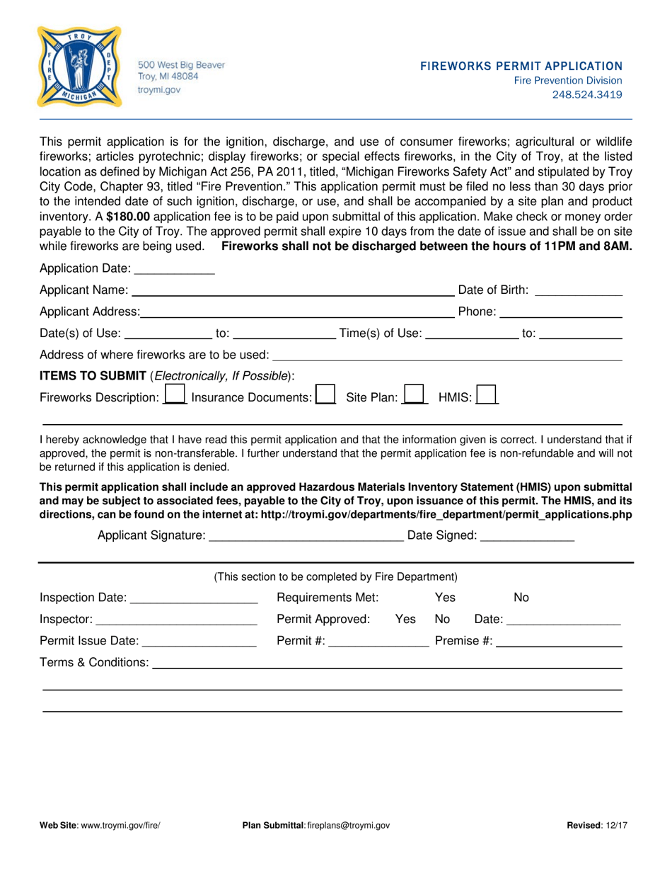 Fireworks Permit Application - City of Troy, Michigan, Page 1