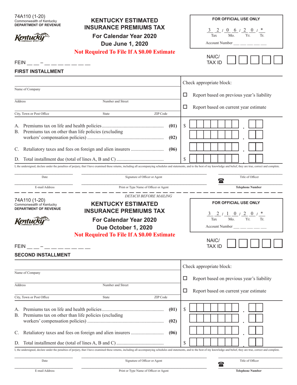 Form 74A110 Kentucky Estimated Insurance Premiums Tax - Kentucky, Page 1