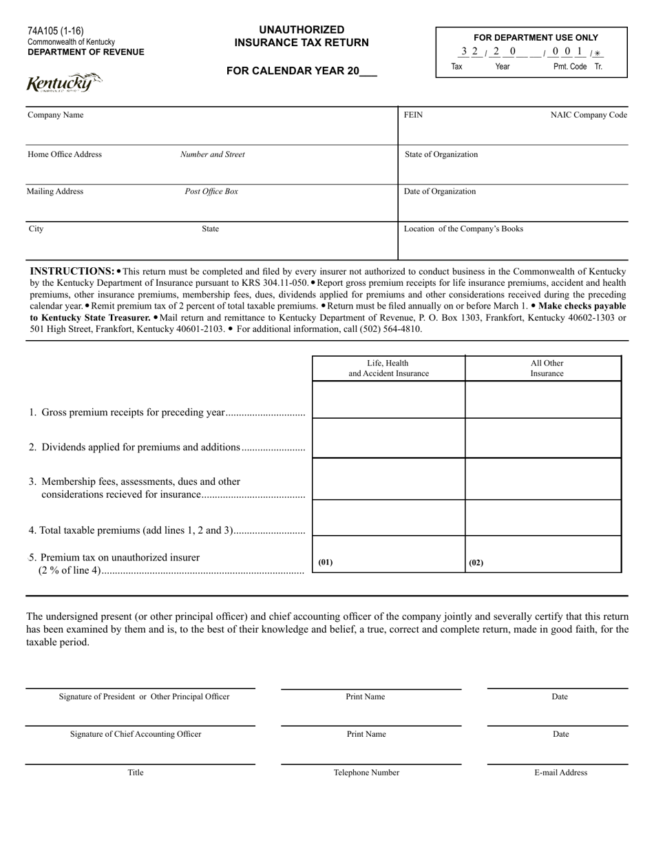 Form 74A105 Unauthorized Insurance Tax Return - Kentucky, Page 1