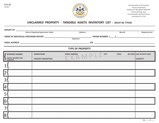 Form TUP40 &quot;Unclaimed Property - Tangible Assets Inventory List&quot; - Pennsylvania