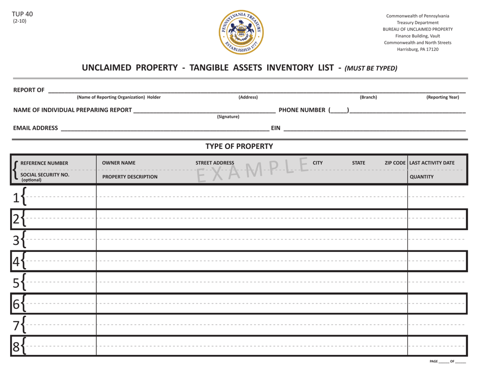 Form TUP40 Unclaimed Property - Tangible Assets Inventory List - Pennsylvania, Page 1