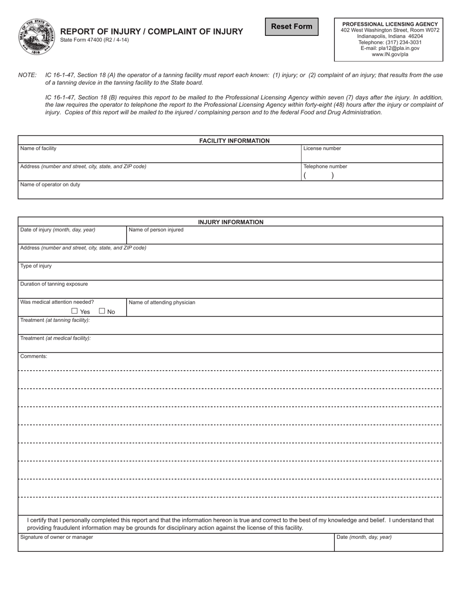State Form 47400 Report of Injury / Complaint of Injury - Indiana, Page 1