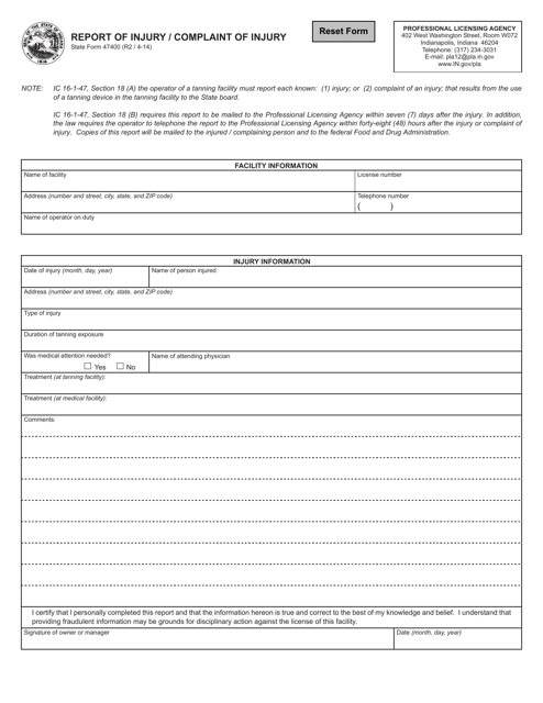 State Form 47400 Report of Injury/Complaint of Injury - Indiana