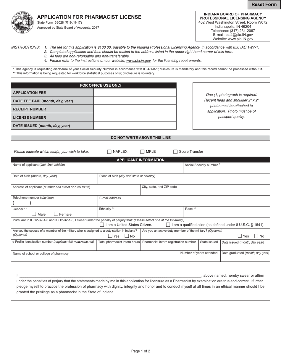 State Form 36028 Application for Pharmacist License - Indiana, Page 1