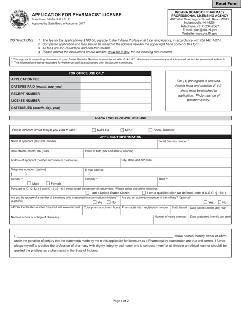 State Form 36028 Application for Pharmacist License - Indiana