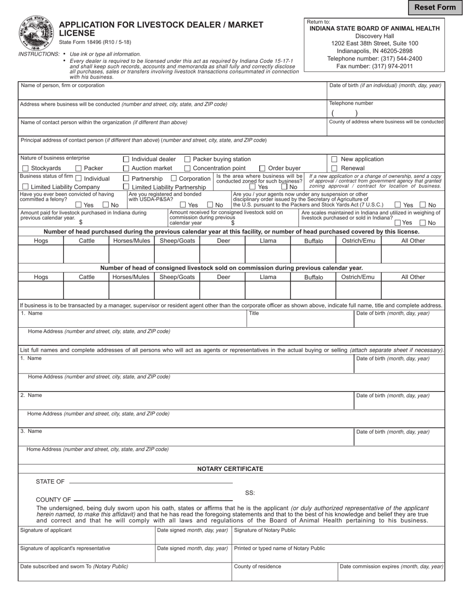 State Form 18496 Application for Livestock Dealer / Market License - Indiana, Page 1