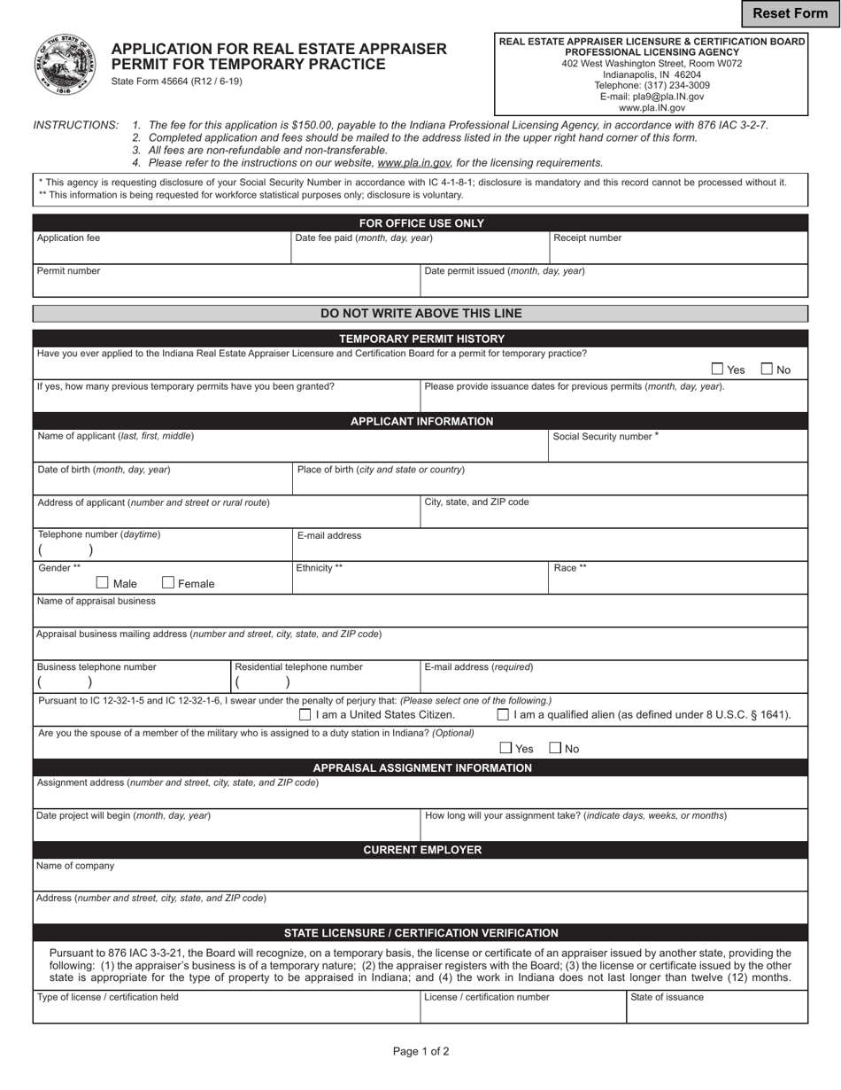 State Form 45664 Application for Real Estate Appraiser Permit for Temporary Practice - Indiana, Page 1