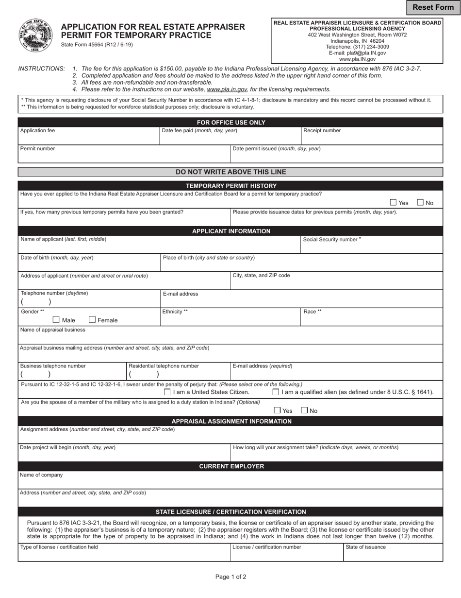 State Form 45664 Download Fillable PDF or Fill Online Application for ...