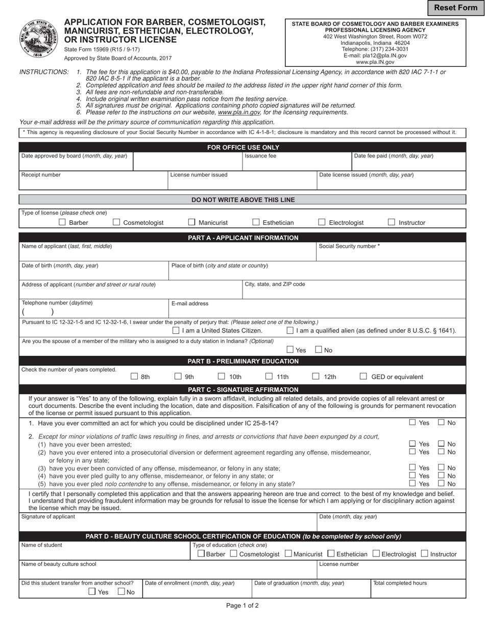 State Form 15969 Application for Barber, Cosmetologist, Manicurist, Esthetician, Electrology, or Instructor License - Indiana, Page 1