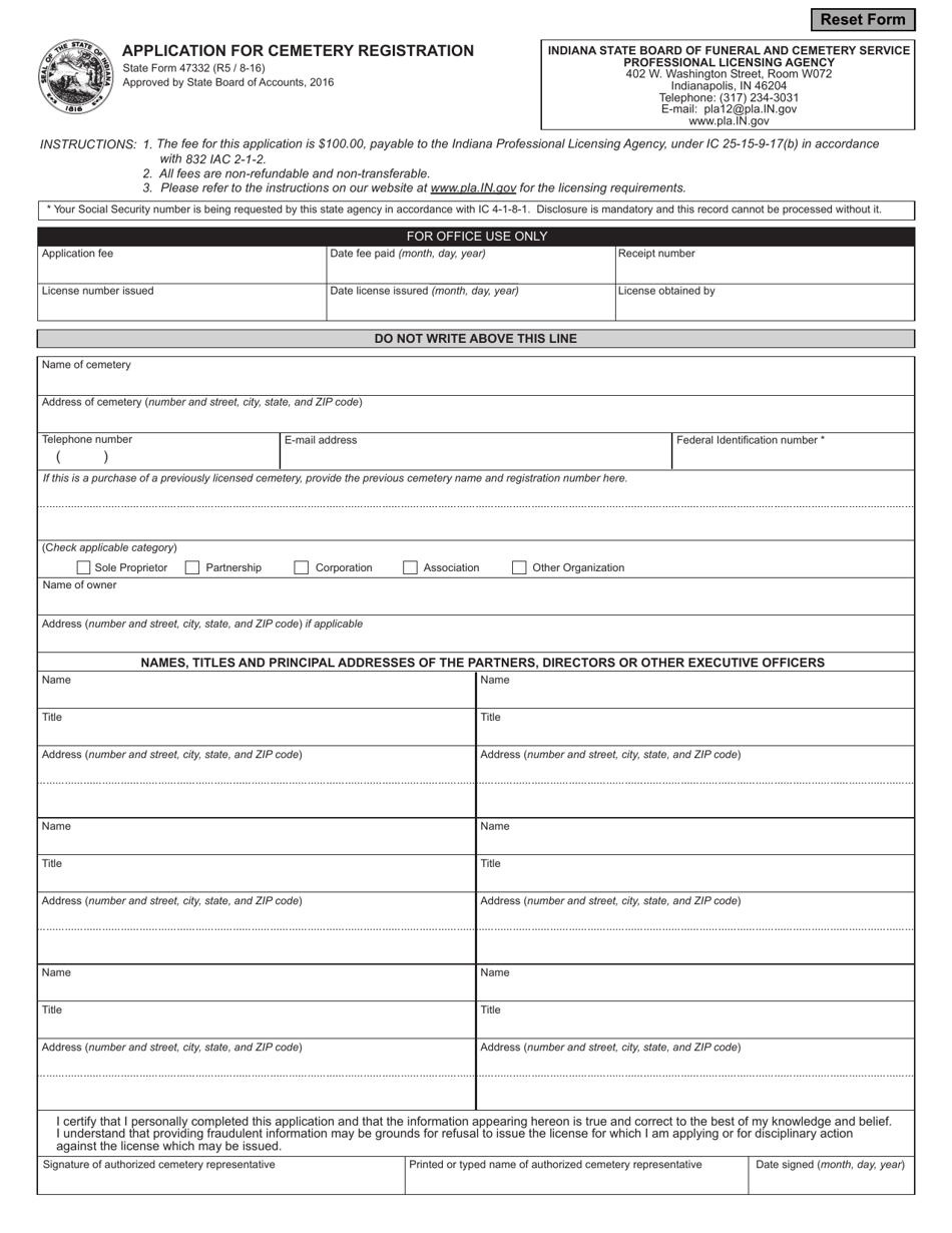State Form 47332 Application for Cemetery Registration - Indiana, Page 1