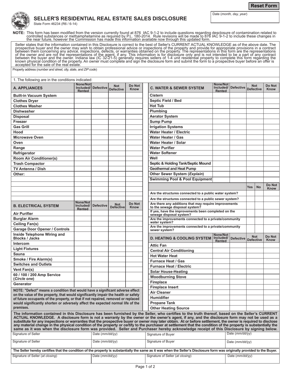 State Form 46234 Sellers Residential Real Estate Sales Disclosure - Indiana, Page 1