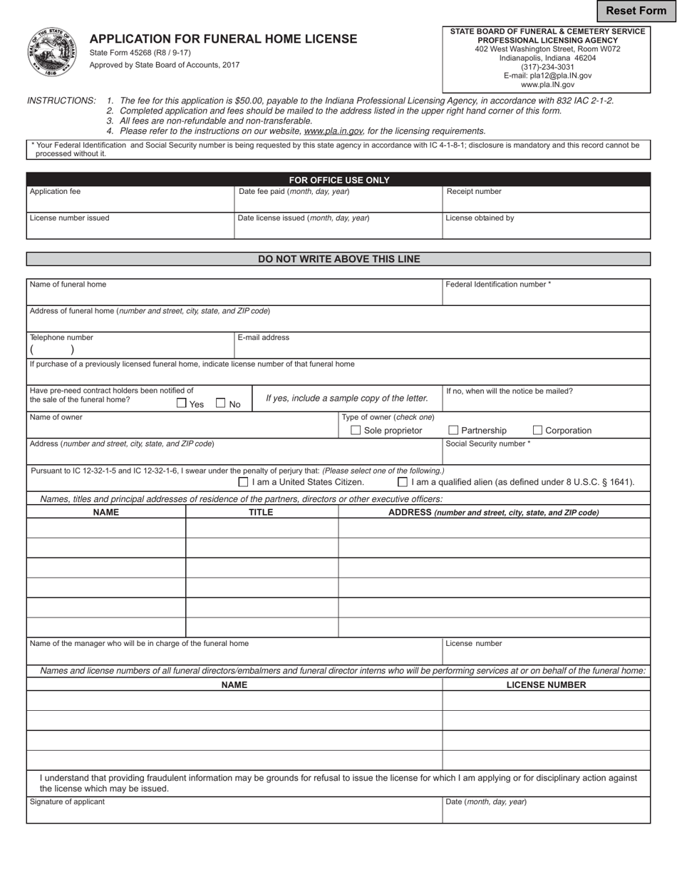 State Form 45268 Application for Funeral Home License - Indiana, Page 1