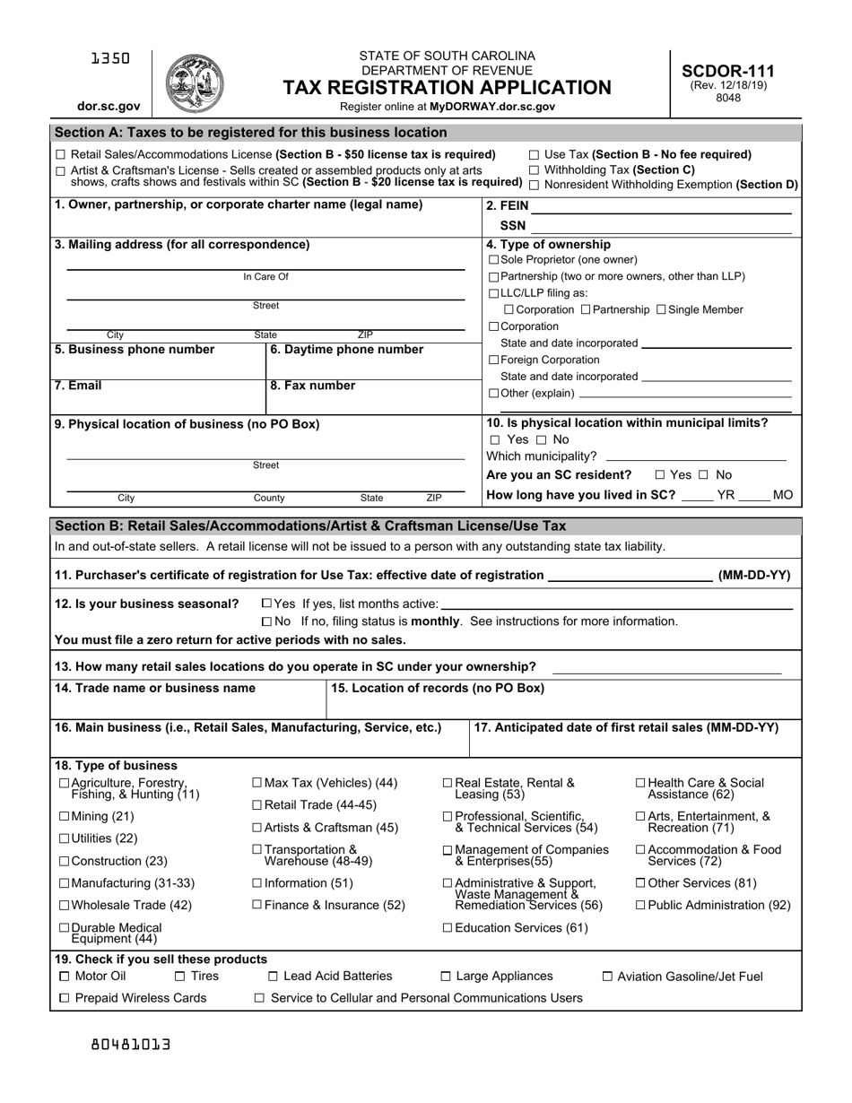 Form SCDOR-111 Tax Registration Application - South Carolina, Page 1