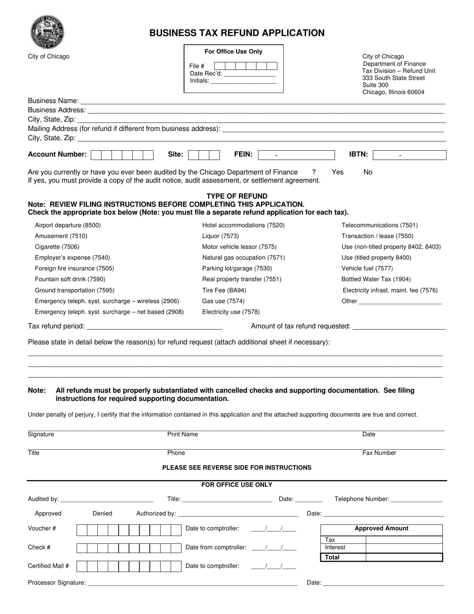 Business Tax Refund Application - City of Chicago, Illinois, Page 1