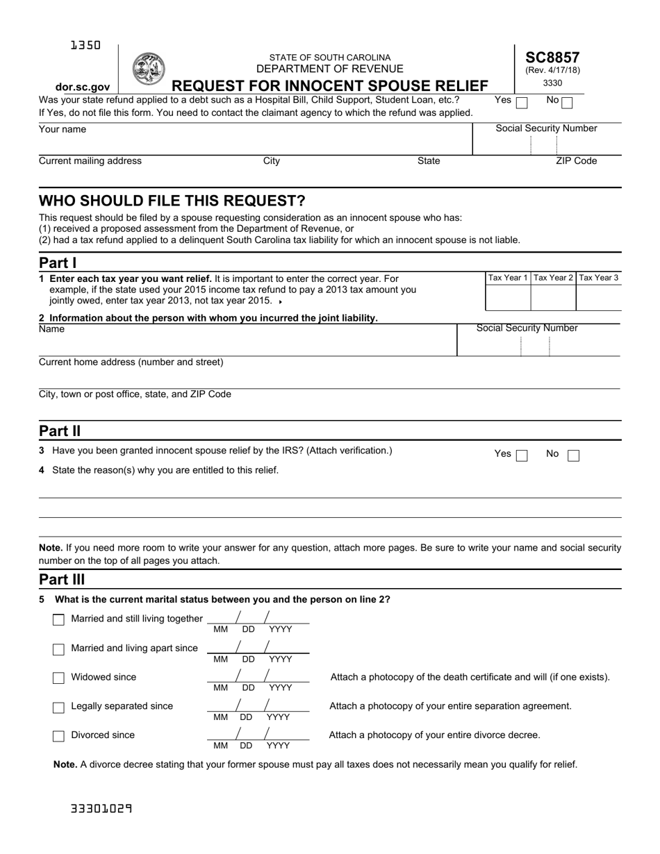 Form SC8857 Request for Innocent Spouse Relief - South Carolina, Page 1