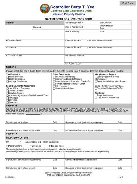 Form SDU-090103A Safe Deposit Box Inventory Form - California