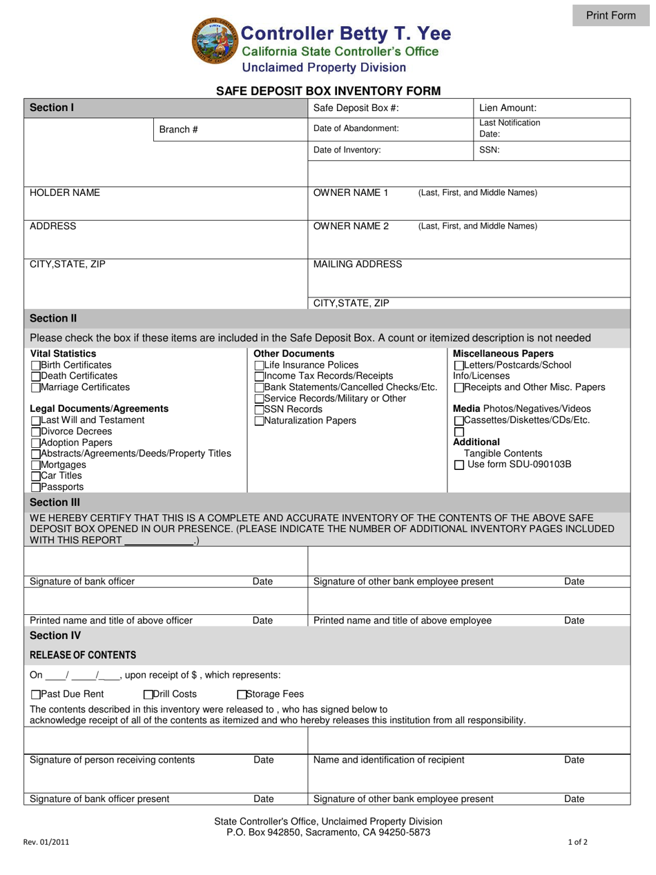 Form SDU-090103A Safe Deposit Box Inventory Form - California, Page 1